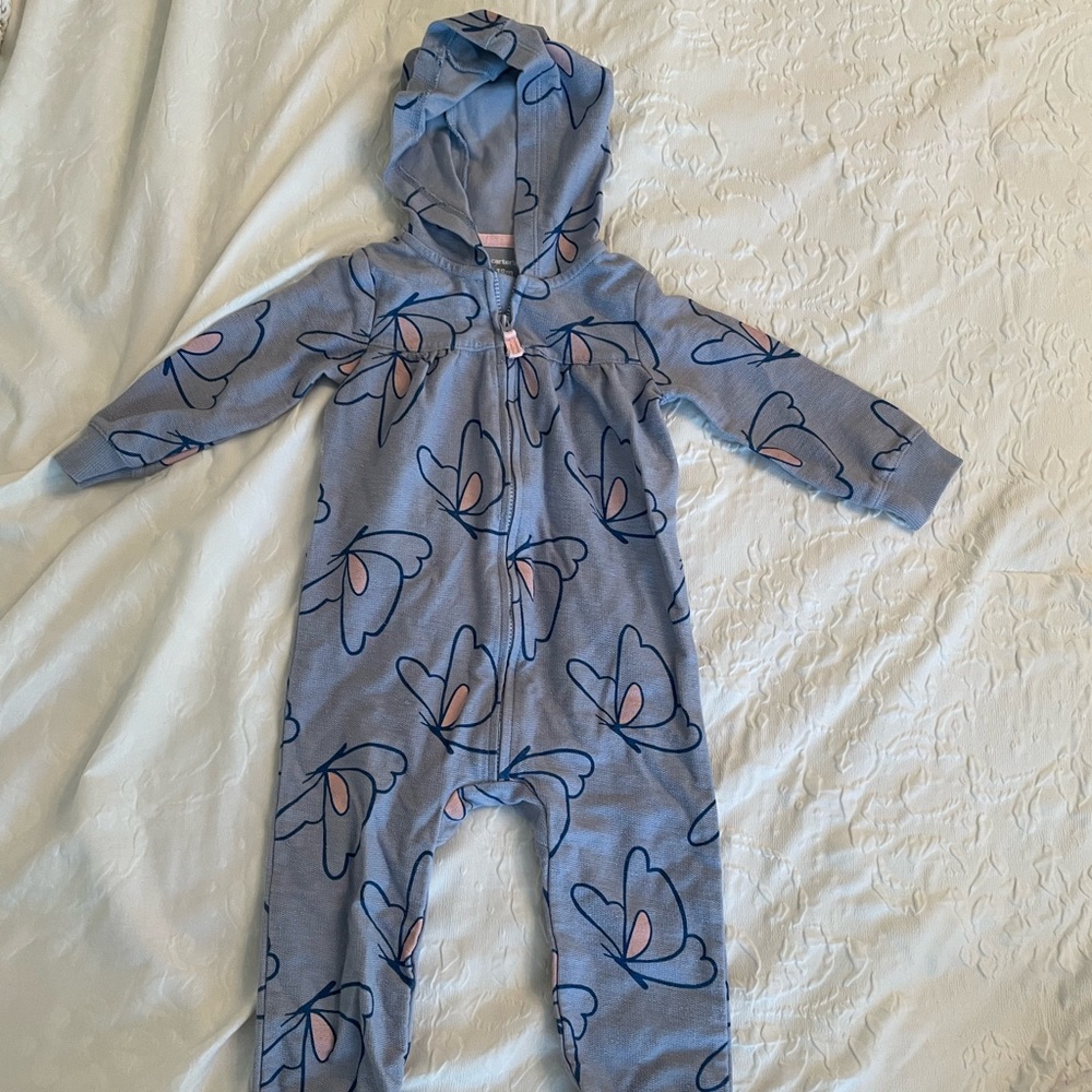 One piece romper with hoodie. Light blue with butterfly pattern. Only worn once